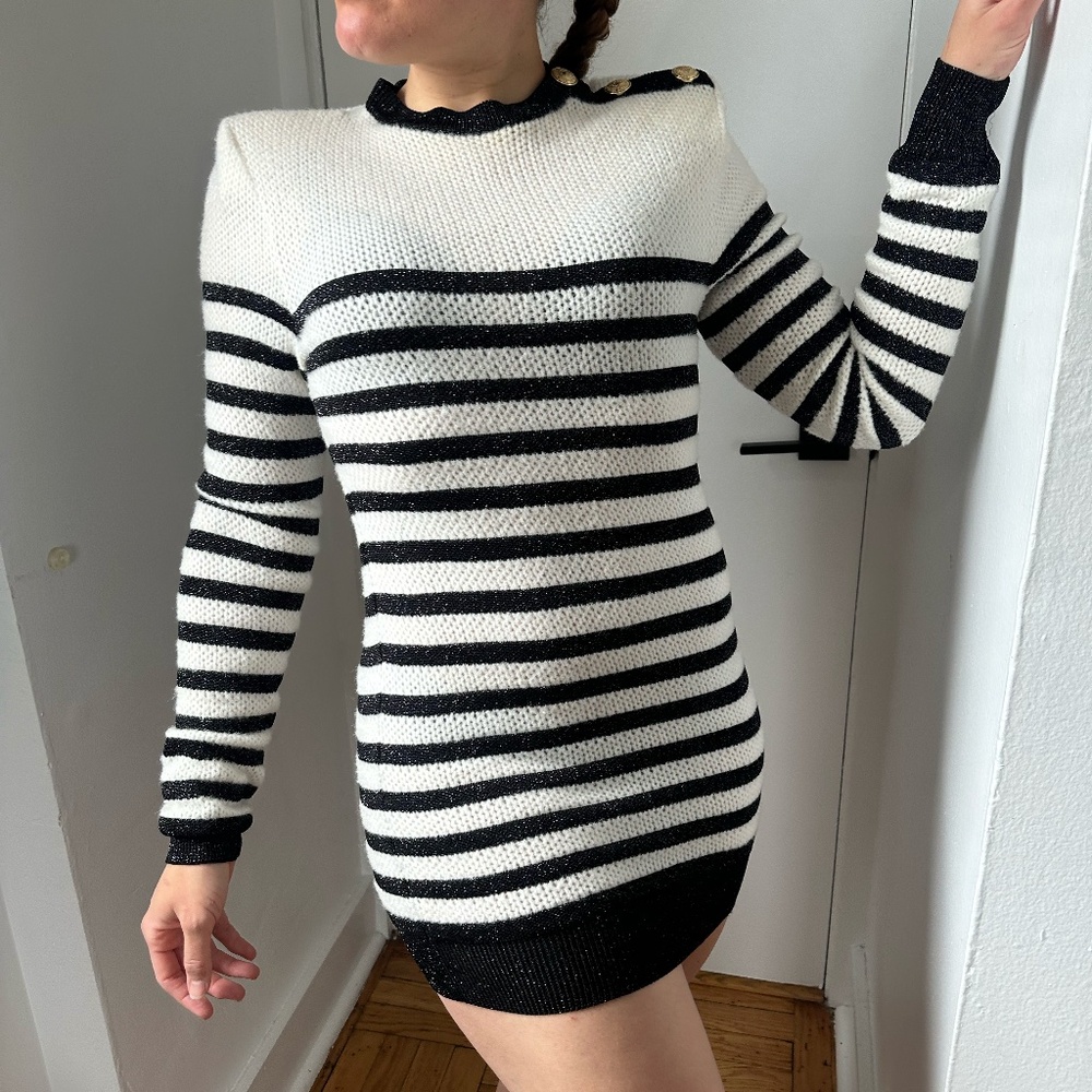SOLD!Balmain Stripped Nautical Military Button Lurex Sparkle Dress